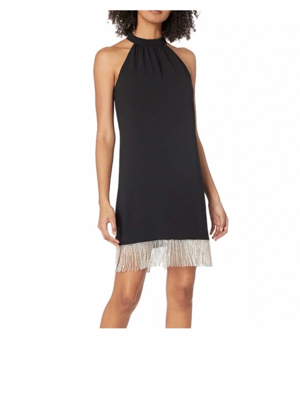 Trina Turk Black Halter Mini Dress with Silver Fringe Hem